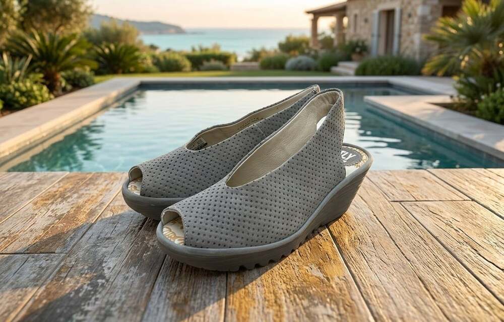 Fly London Yala Wedge Sandal Grayish /Green Perforated Leather Size US 9